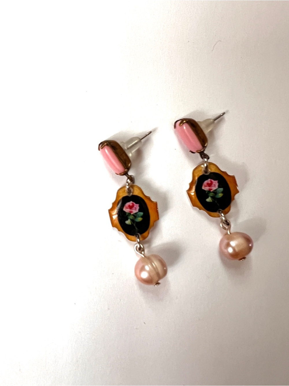 Pink Floral Resined Charm Drop Earrings with Pearl Accent